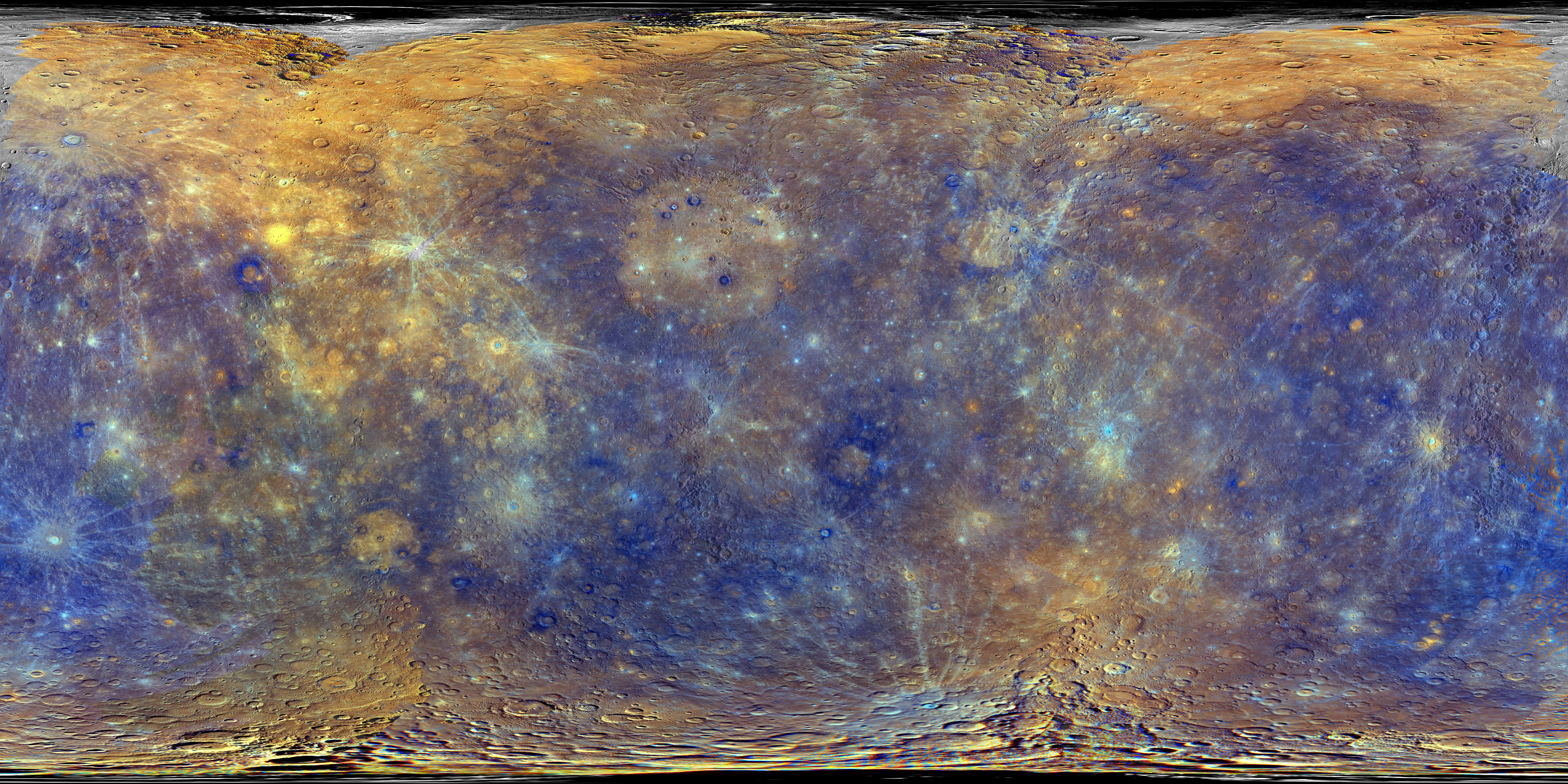 An enhanced color surface map of Mercury, produced from MESSENGER imagery.