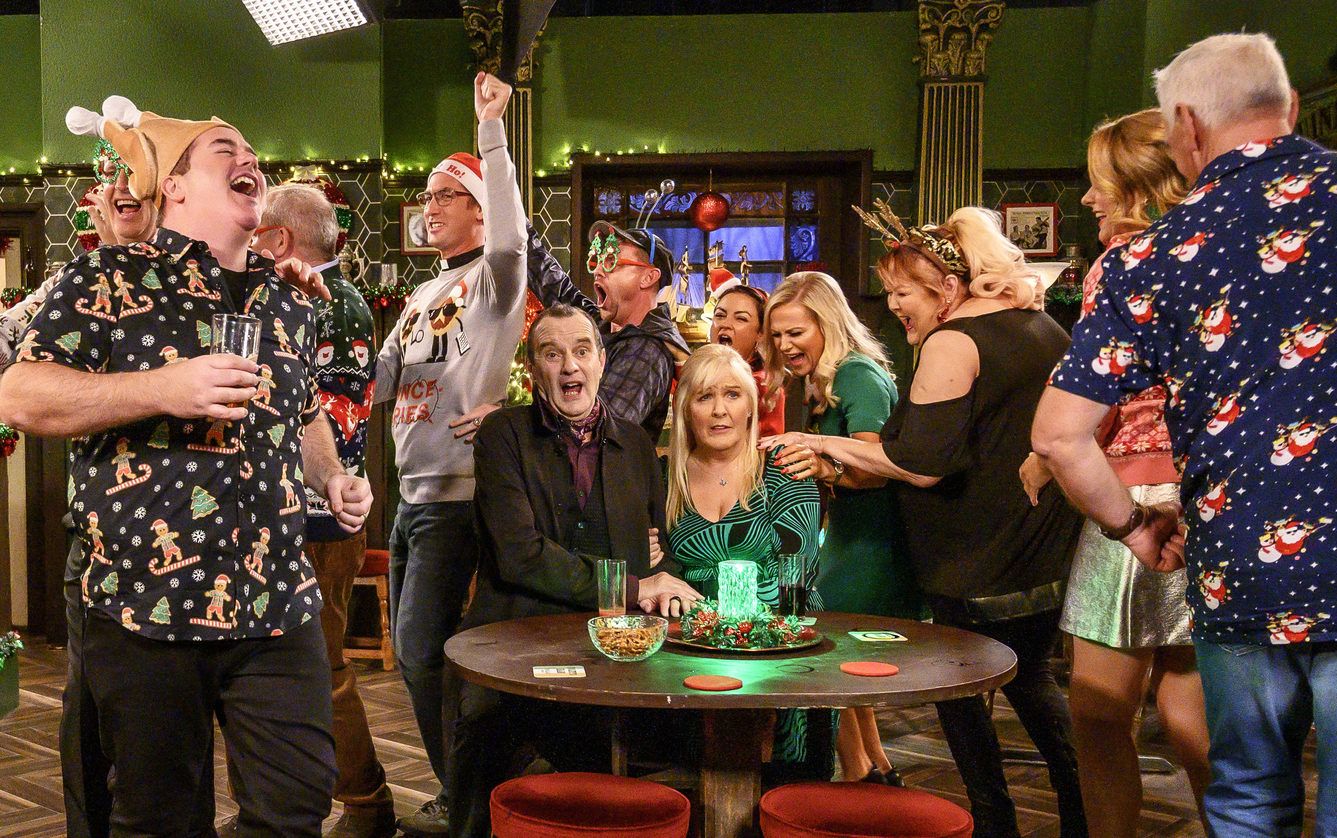 The cast dance around an uncomfortable looking Boris and Cathy