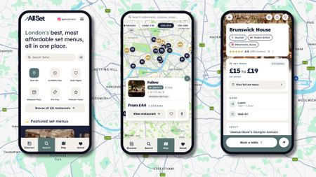 an image of three phone displays of All Set London app overlaid over a map of London
