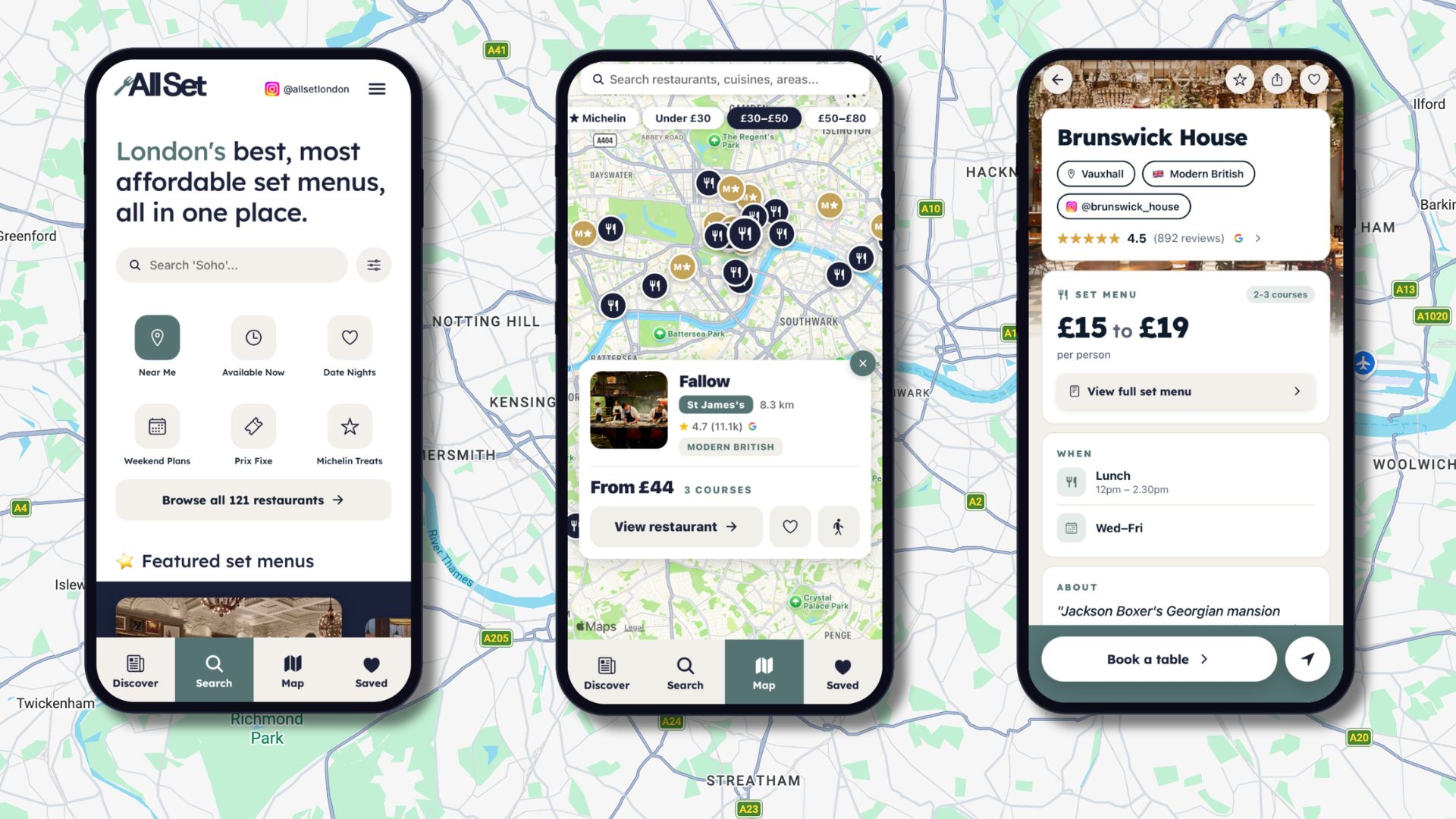 an image of three phone displays of All Set London app overlaid over a map of London