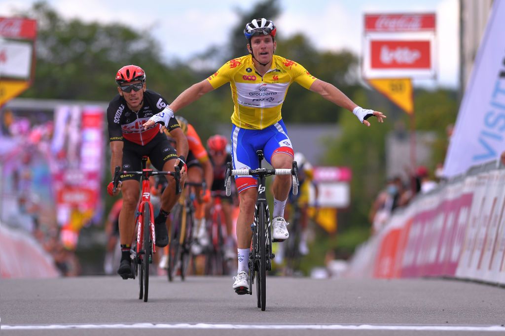 EREZEE BELGIUM AUGUST 19 Arrival Philippe Gilbert of Belgium and Team Lotto Soudal Arnaud Demare of France and Team Groupama FDJ Yellow Leader Jersey Celebration during the 41st Tour de Wallonie 2020 Stage 4 a 1994km stage from Blegny to Ereze 334m TourdeWallonie TRW2020 on August 19 2020 in Erezee Belgium Photo by Luc ClaessenGetty Images