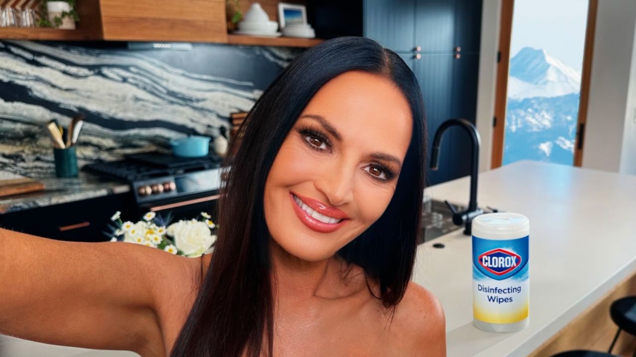 lisa barlow in her kitchen in front of a bottle of clorox wipes