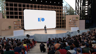 Sundar Pichai speaking to the audience at Google I/O 2022