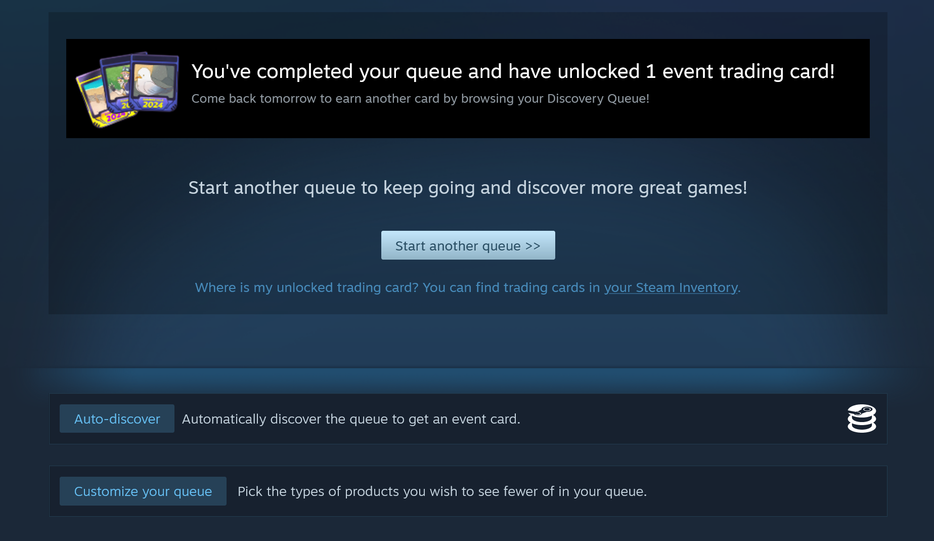Steam Discovery Queue menu with SteamDB's auto-discover button