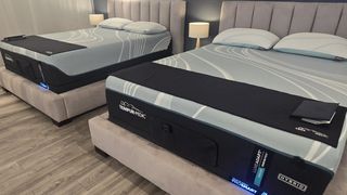 Tempur-Adapt LuxeAdapt Hybrid in the foreground with a Tempur-Adapt LuxeAdapt Soft mattress next to it in a Tempur-Pedic showroom