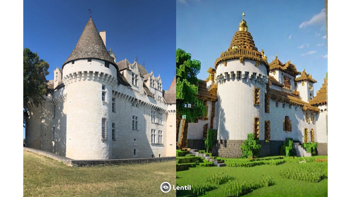 Original image (left) and Lentil AI: Photo Art Generator generated image (right) made to look like scene inspired by Minecraft