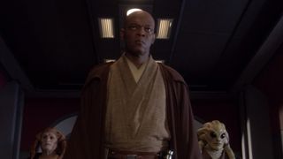 Samuel L. Jackson as Mace Windu, marching up to Palpatine, in Star Wars: Revenge of the Sith