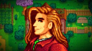 Stardew Valley character known as Elliott, a man with long auburn hair and a red coat