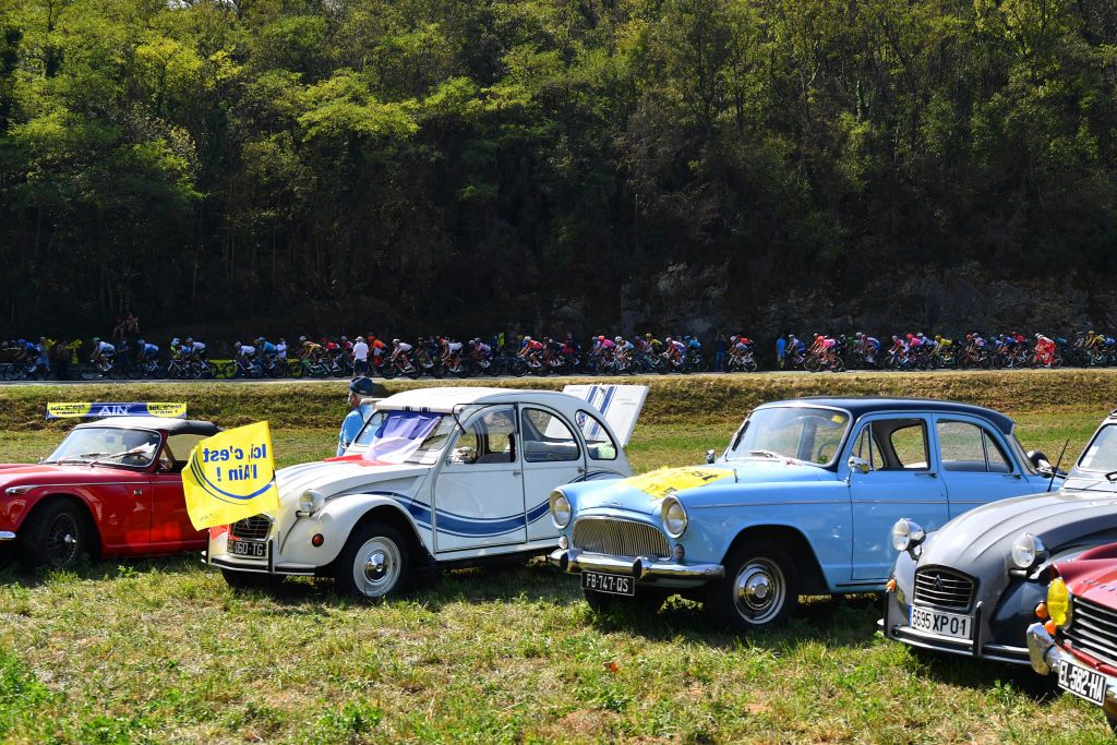 CHAMPAGNOLE FRANCE SEPTEMBER 18 Peloton Classic Cars Chavannes Sur Suran Village Landscape during 107th Tour de France 2020 Stage 19 a 1665km stage from Bourg en Bresse to Champagnole 547m TDF2020 LeTour on September 18 2020 in Champagnole France Photo by Stuart FranklinGetty Images