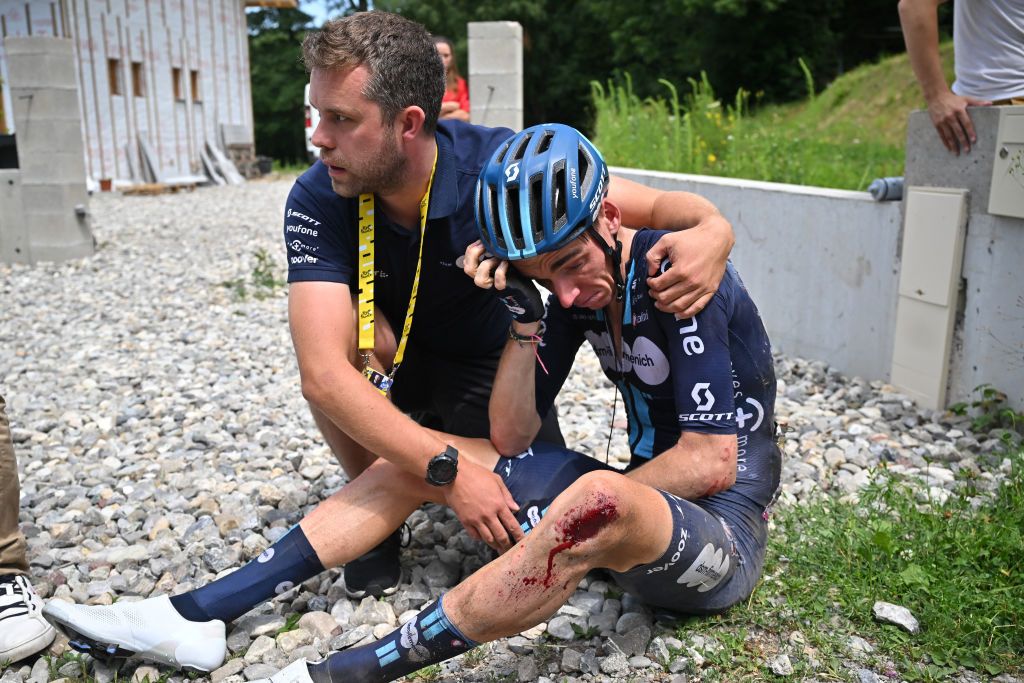 Tour de France 2023 stage 14: Romain Bardet (Team dsm-firmenich) after crashing on the descent