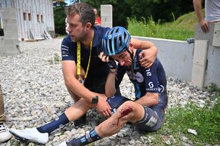 Tour de France 2023 stage 14: Romain Bardet (Team dsm-firmenich) after crashing on the descent