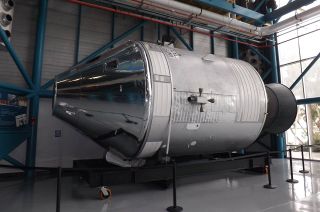 Apollo Command and Service Module 119 (CSM-119), the Skylab crew rescue vehicle, has been moved from its long-time location under the Saturn V rocket in the Kennedy Space Center Visitor Complex's Apollo/Saturn V Center to make way for the new display of Lunar Module 9 (LM-9).