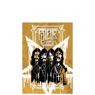 A stylised poster showing all four members of Black Sabbath in a mono graphic design on a mustard and white background.