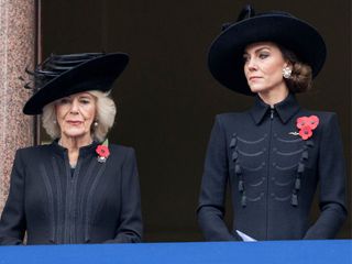 Queen Camilla and Kate, Princess of Wales, on the Buckingham Palace balcony at the National Service of Remembrance at The Cenotaph