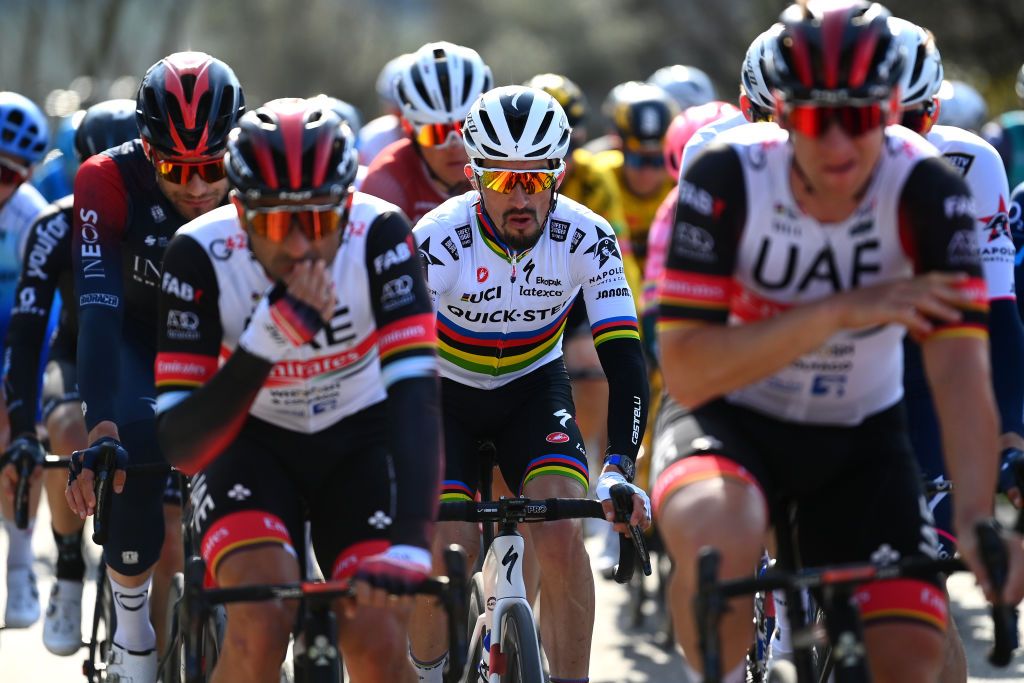 FERMO ITALY MARCH 11 Julian Alaphilippe of France and Team QuickStep Alpha Vinyl competes during the 57th TirrenoAdriatico 2022 Stage 5 a 155km stage from Sefro to Fermo 317m TirrenoAdriatico WorldTour on March 11 2022 in Fermo Italy Photo by Tim de WaeleGetty Images