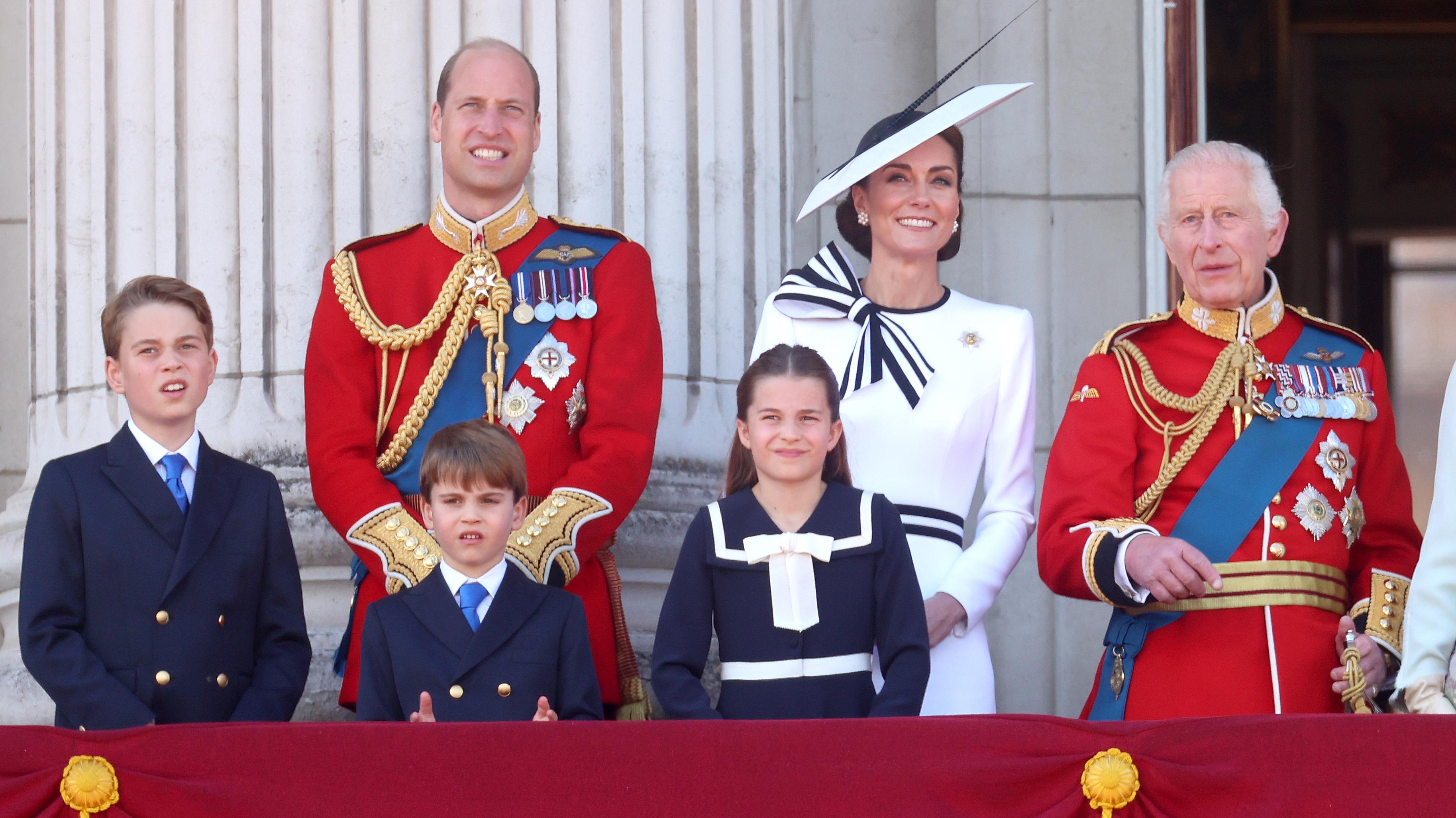 Prince George, Prince William, Prince Louis, Catherine, Princess of Wales, Princess Charlotte and King Charles stand on the Buckingham Palace balcony during Trooping the Colour on June 15, 2024
