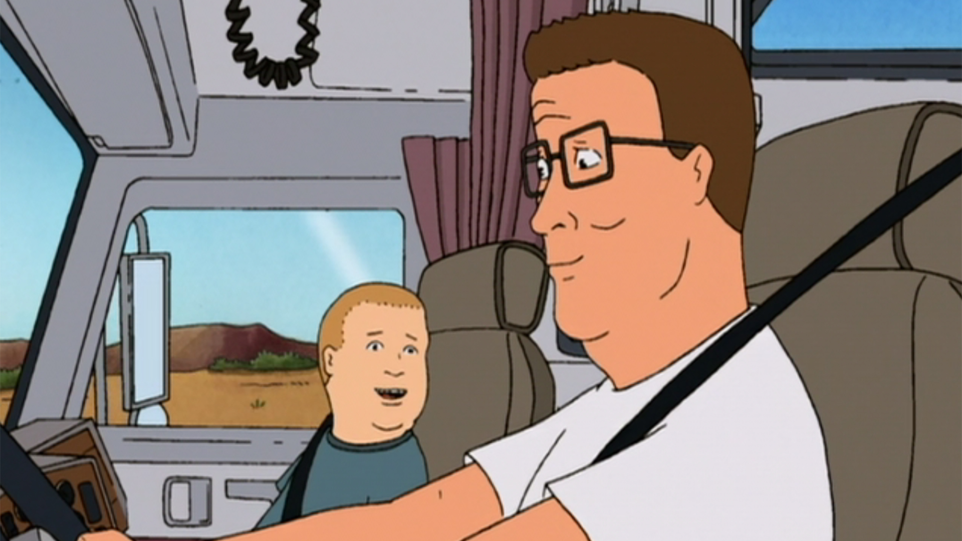 Hank Hill (Mike Judge) and Bobby (Pamela Adlon) driving in King of the Hill