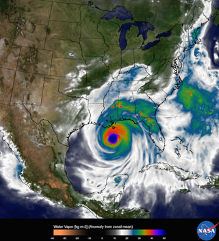 The image shows water vapor within Hurricane Katrina on Aug. 29, 2005. The image is from a 2015 version of the Goddard Earth Observing System model, Version 5 (GEOS-5), at a 6.25-kilometer (3.88 miles) global resolution.
