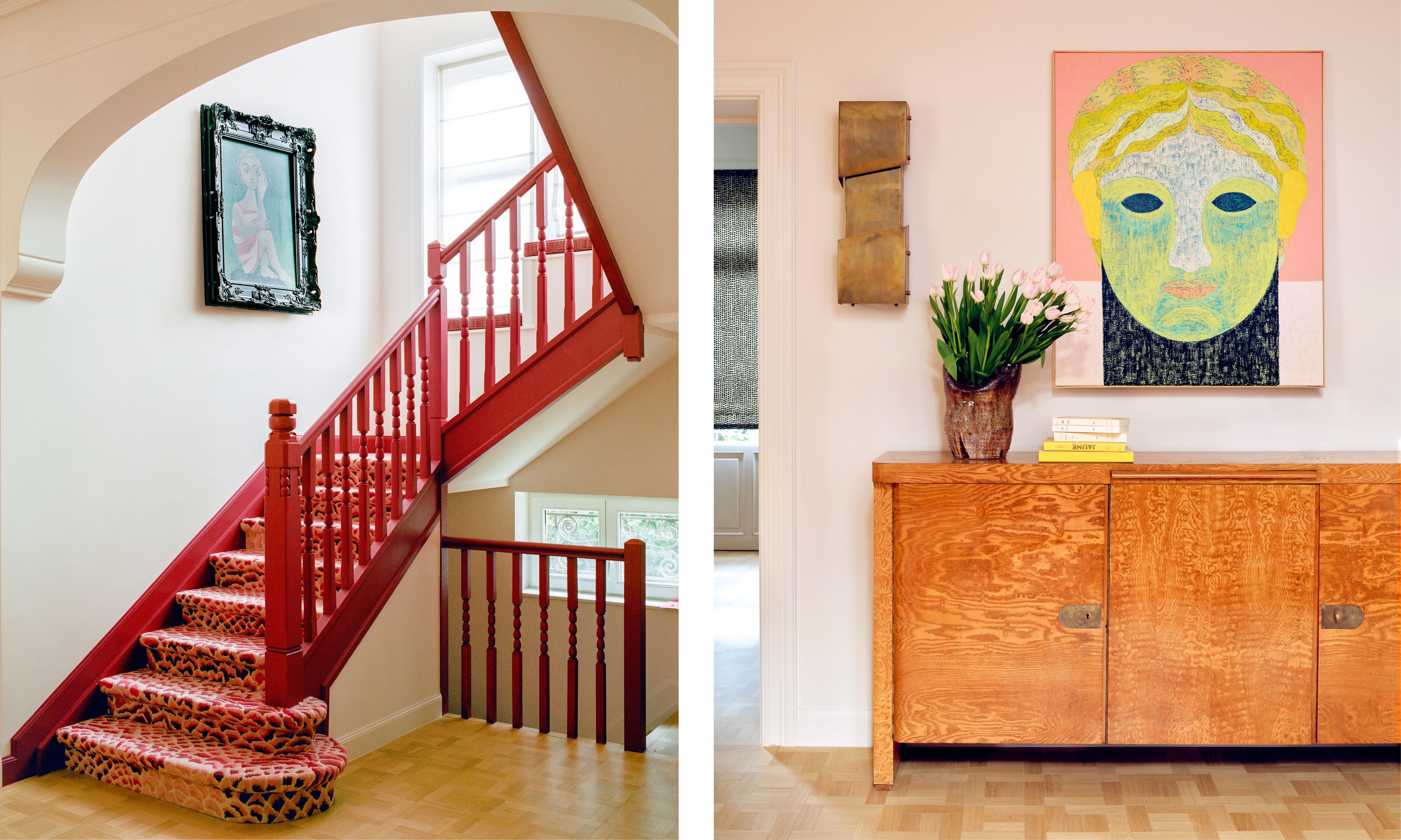 two side by side images of a pale pink painted entry with red staircase, printed custom carpet, and a vintage credenza and art