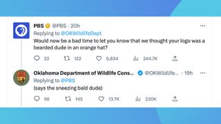 A screenshot of two tweets from Twitter showing a funny exchange between the Oklahoma Department of Wildlife Conservation and another user