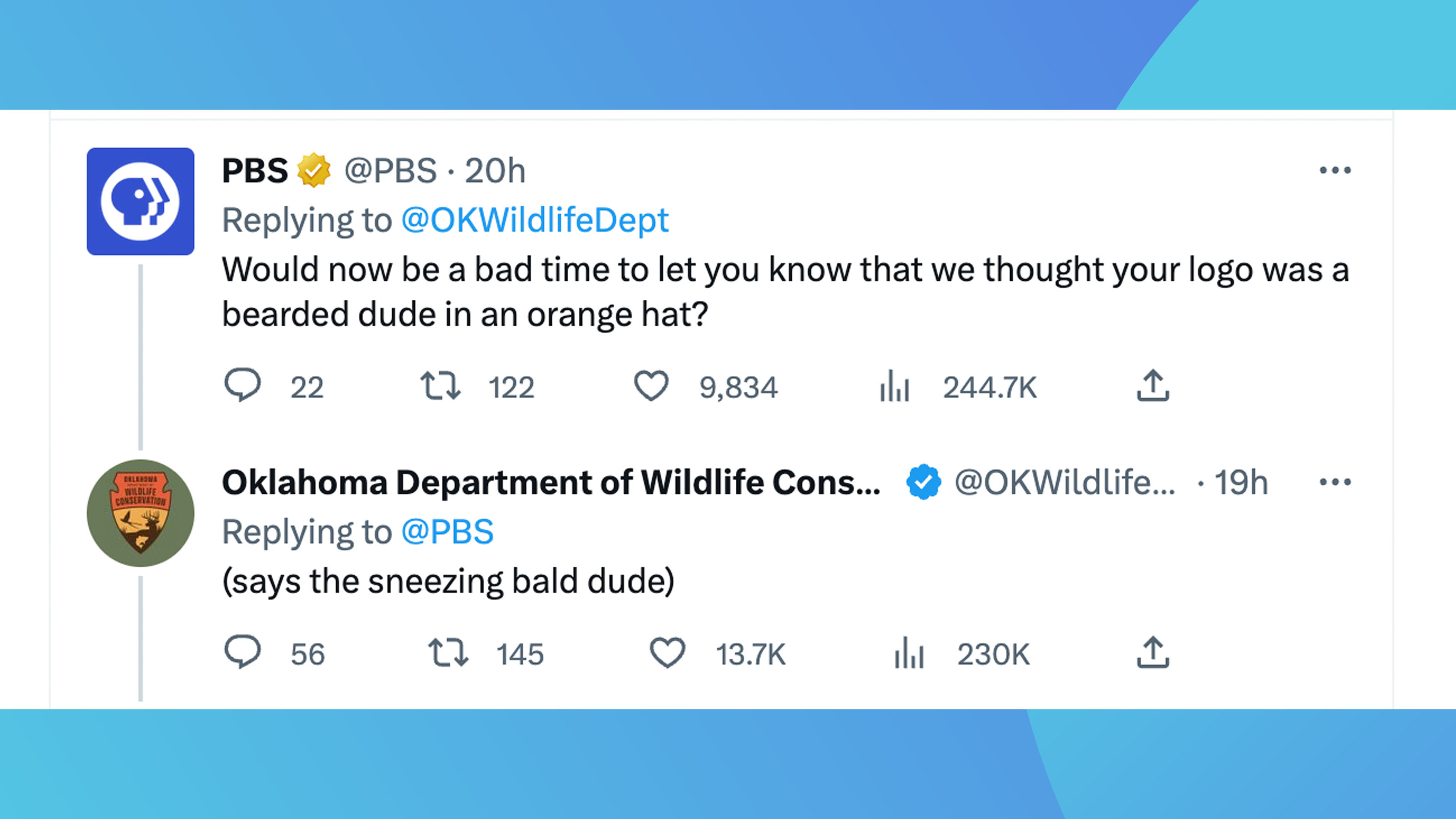A screenshot of two tweets from Twitter showing a funny exchange between the Oklahoma Department of Wildlife Conservation and another user