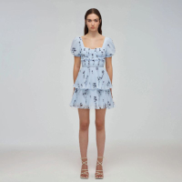 Blue Floral Silhouette Chiffon Tiered Mini Dress, Was £320