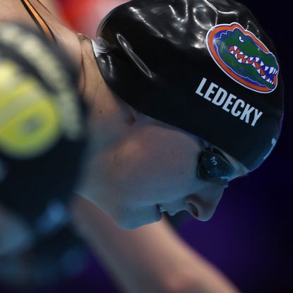 Katie Ledecky of the United States competes in a preliminary heat of the Women's 800m freestyle on Day Seven of the 2024 U.S. Olympic Team Swimming Trials at Lucas Oil Stadium on June 21, 2024 in Indianapolis, Indiana.