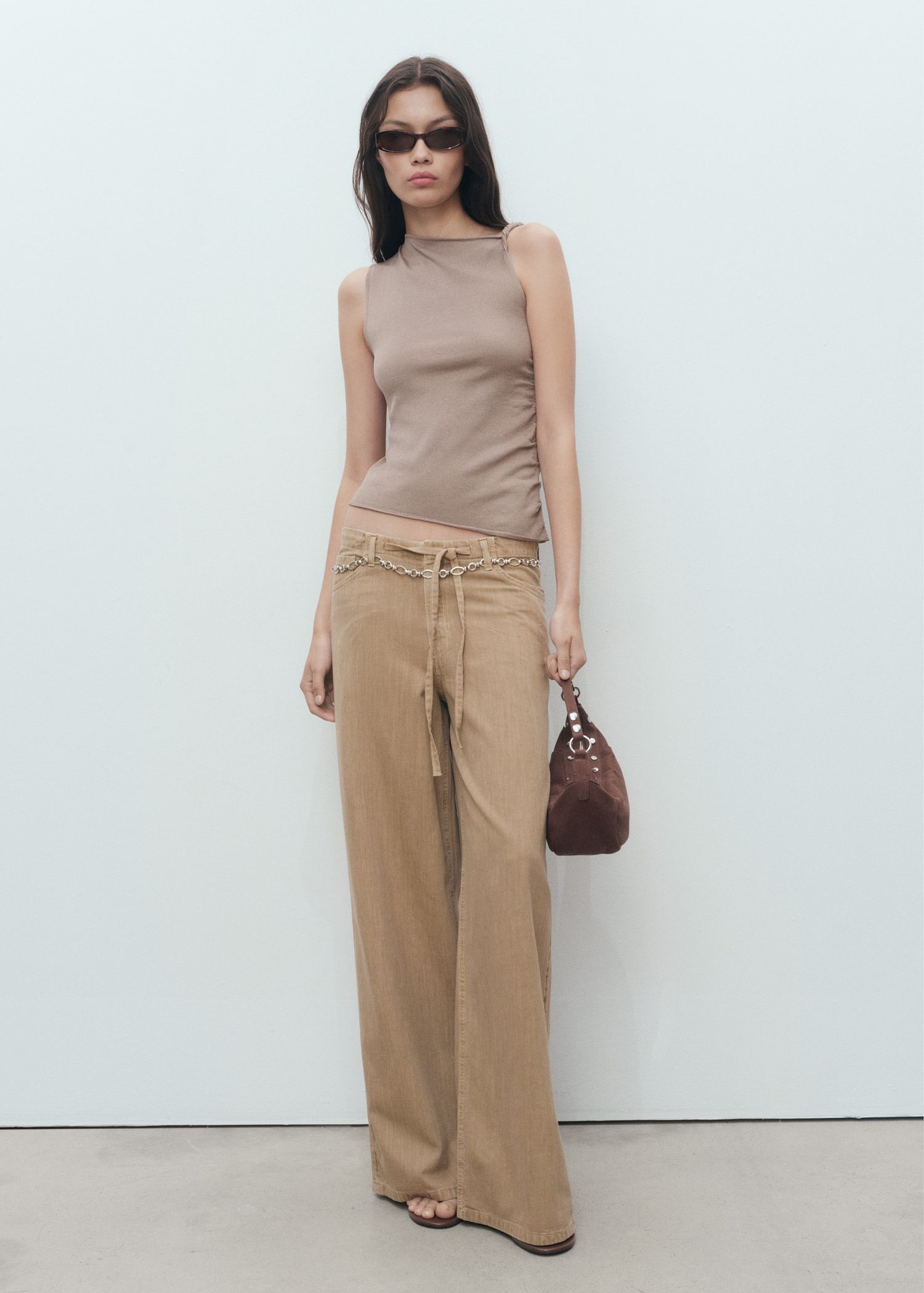 Wide Leg Denim Trousers With Belt - Women | Mango United Kingdom
