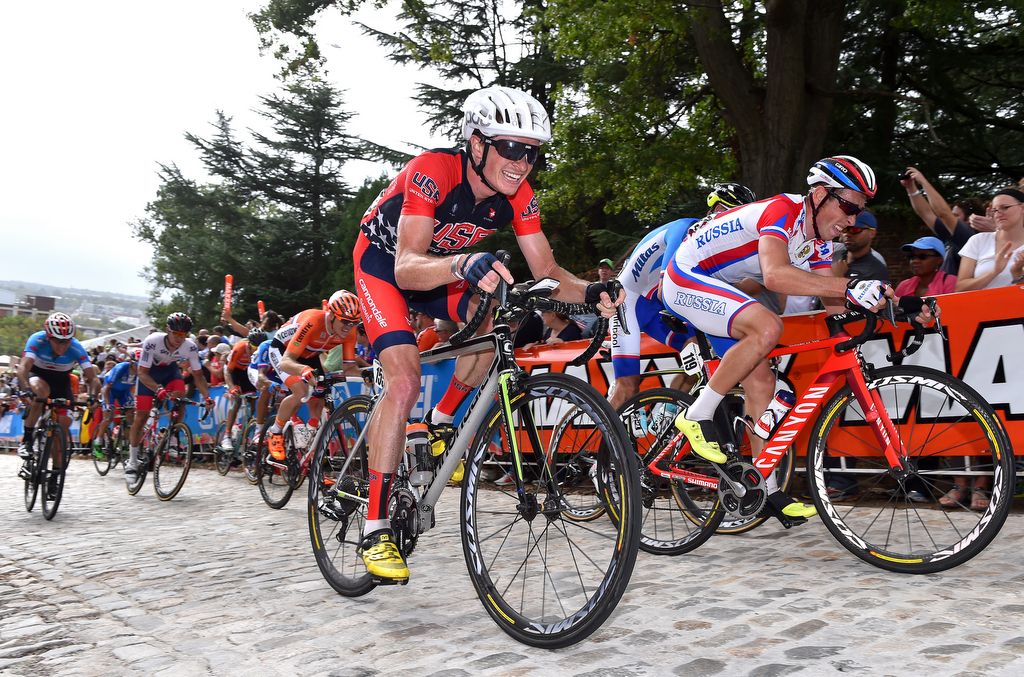 Ben King (USA) riding on home roads at the 2015 Worlds