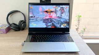 Framework Laptop 16 review unit on desk running Doom Eternal