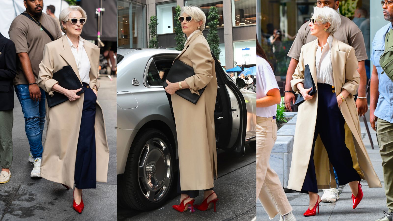Meryl Streep in The Devil Wears Prada 2, filming wearing a beige coat, navy trousers, striped shirt and red heels