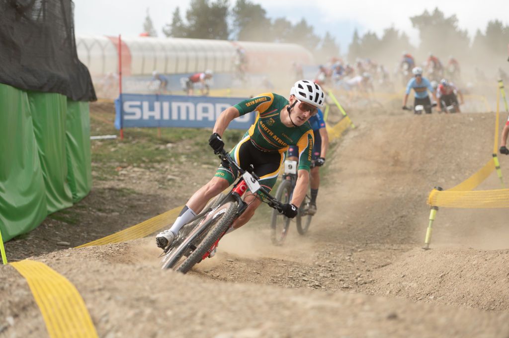 Alan Hatherly of South Africa participates in the UCI Mountain Bike World Championships Men in Pal Arinsal, Andorra, on September 1, 2024. (Photo by Martin Silva Cosentino/NurPhoto)