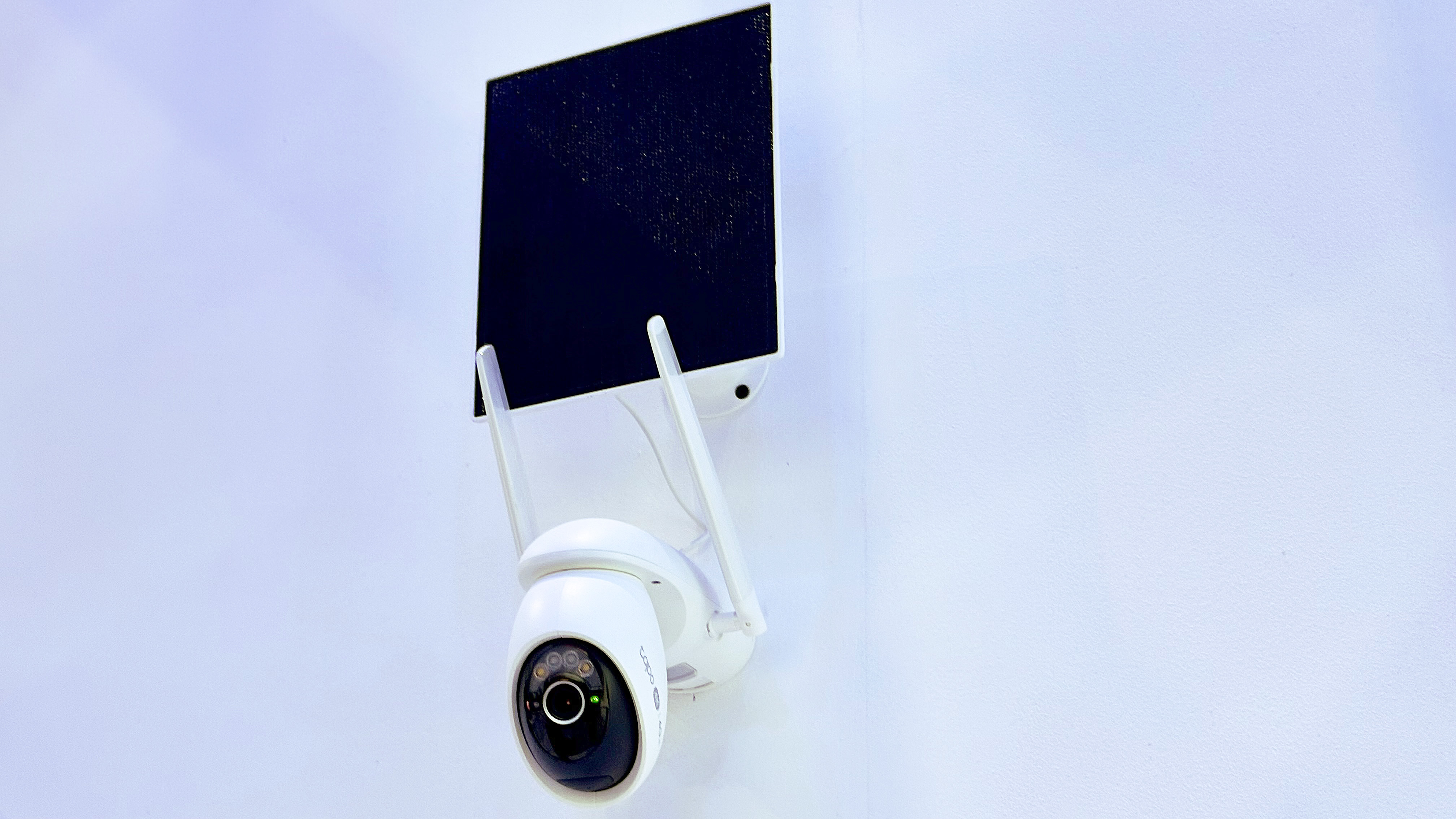 Close-up of the new TP-Link Tapo C665G smart security camera with connected solar panel at MWC 2026 in Barcelona Spain