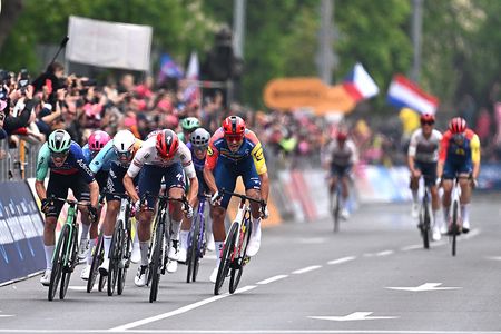 BURGAS, BULGARIA - MAY 08: (L-R) Tobias Lund Andresen of Denmark and Team Decathlon CMA CGM, Ethan Vernon of Great Britain and Team NSN Cycling, Paul Magnier of France and Team Soudal Quick-Step and Jonathan Milan of Italy and Team Lidl - Trek sprint at finish line during the 109th Giro d'Italia 2026, Stage 1 a 147km stage from Nessebar to Burgas / #UCIWT / on May 08, 2026 in Burgas, Bulgaria. (Photo by Tim de Waele/Getty Images)