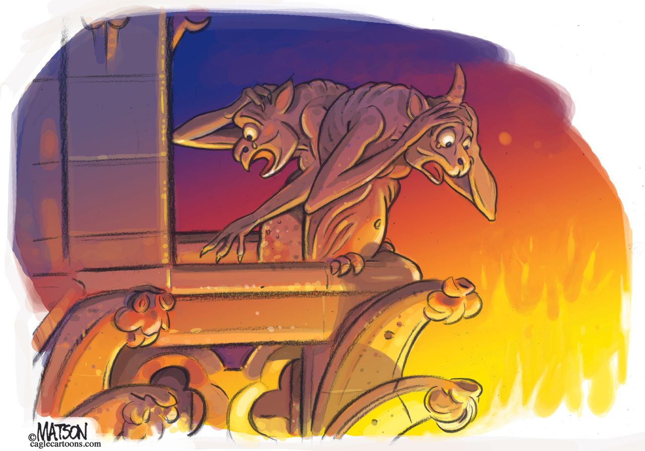 Editorial Cartoon World Notre Dame worried gargoyles on fire