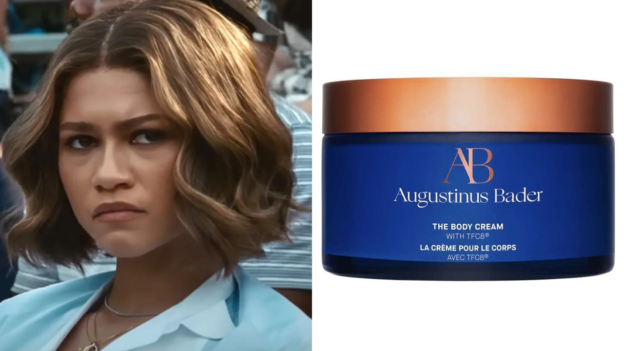 A split of Zendaya in character as tashi duncan next to the augustinus bader cream she uses in the movie