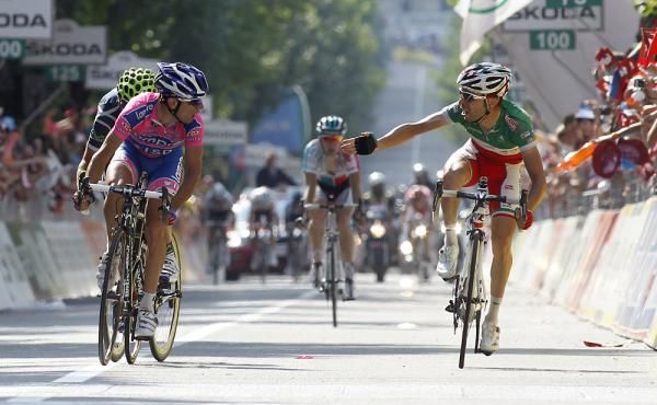 Diego Ulissi (Lampre) was shoved at the finish by Giovanni Visconti.