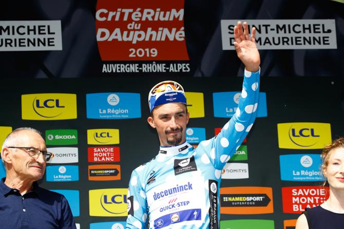 Julian Alaphilippe in polka dots after stage 6 at Dauphine