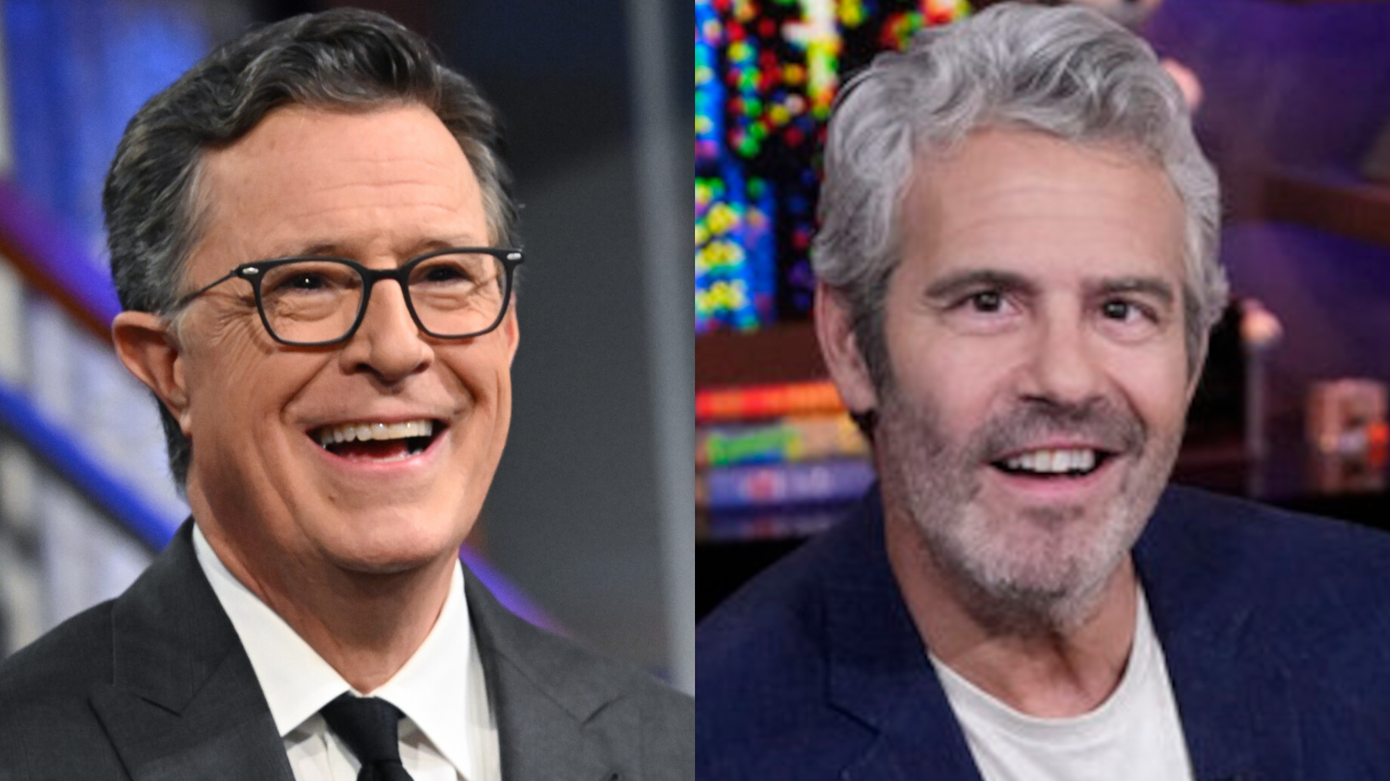 Stephen Colbert laughing on the set of The Late Show, pictured next to Andy Cohen smiling on the set of Watch What Happens Live. 
