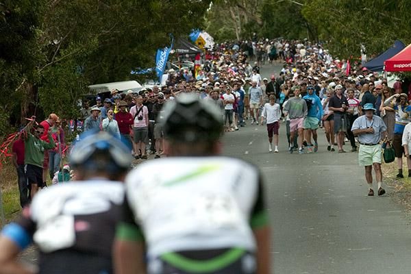 Luke Durbridge and Heinrich Haussler have plenty of support ahead of them on the climb up Mt.Buninyong.