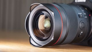 Closeup of the Canon RF 14mm F1.4L VCM lens's front element