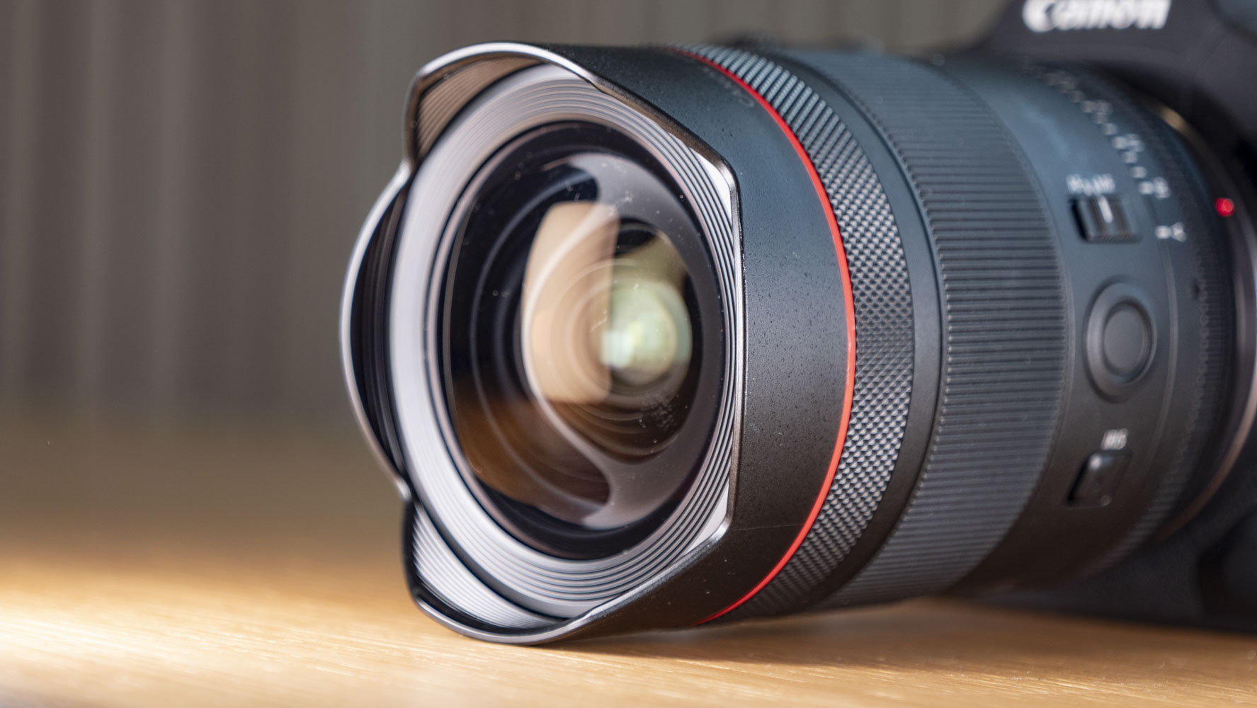 Closeup of the Canon RF 14mm F1.4L VCM lens's front element