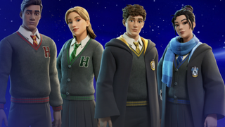 Four Hogwarts students stand side by side in House uniforms