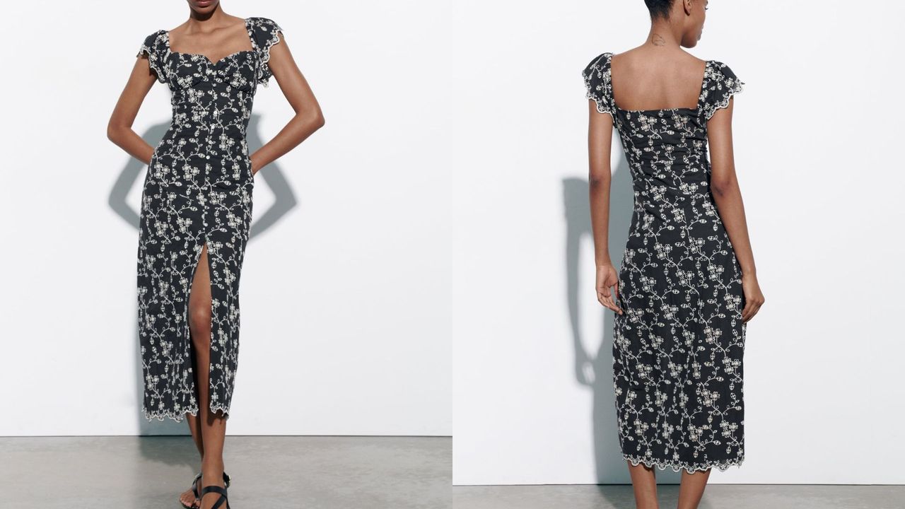 composite of model wearing zara embroidered midi dress