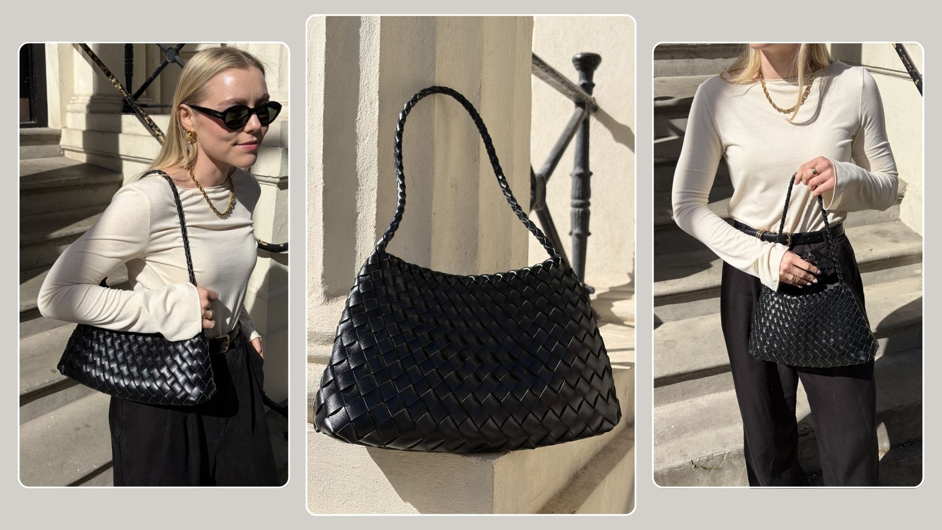 Woman wears white top and black trousers, carries black woven bag