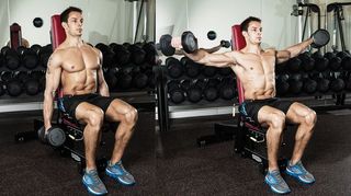 Man demonstrates two positions of the seated lateral raise using dumbbells in the gym