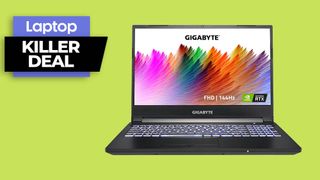 Gigabyte gaming laptop against a neon green background