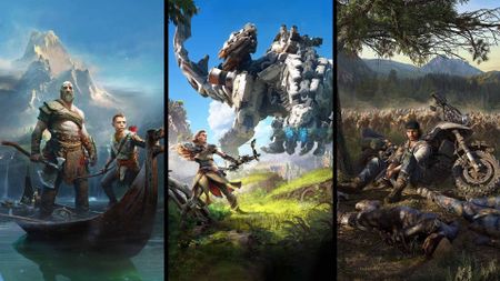 God of War 2018, Horizon Zero Dawn, and Days Gone key art sliced together