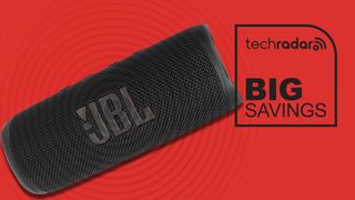 JBL Flip 6 on red Prime Day background