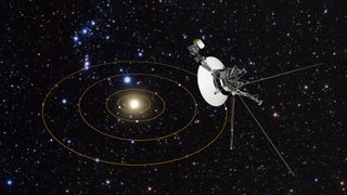 Artist's illustration of Voyager 1 probe looking back at the solar system from a great distance.